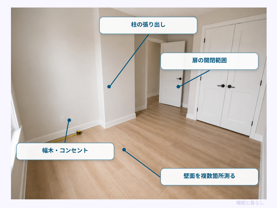 ベッド設置前に柱や幅木、扉の開閉範囲を確認する画像