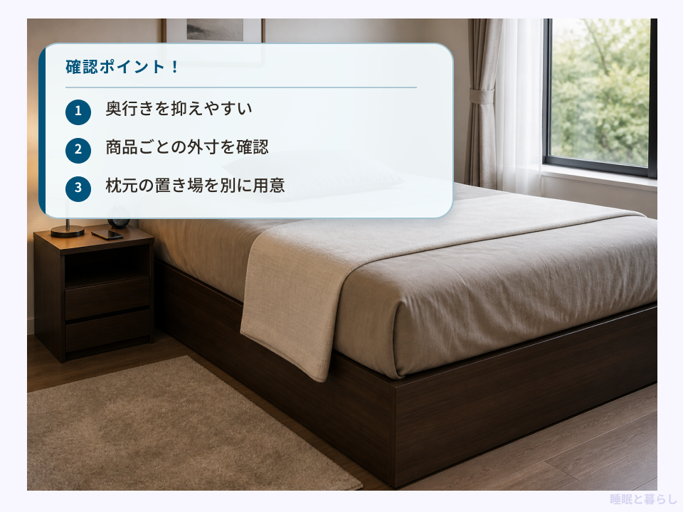 枕元の置き場を別に用意したヘッドレスベッド
