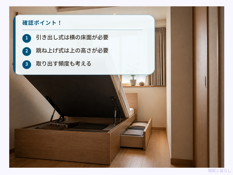 引き出し式と跳ね上げ式ベッドに必要な開閉スペースの例