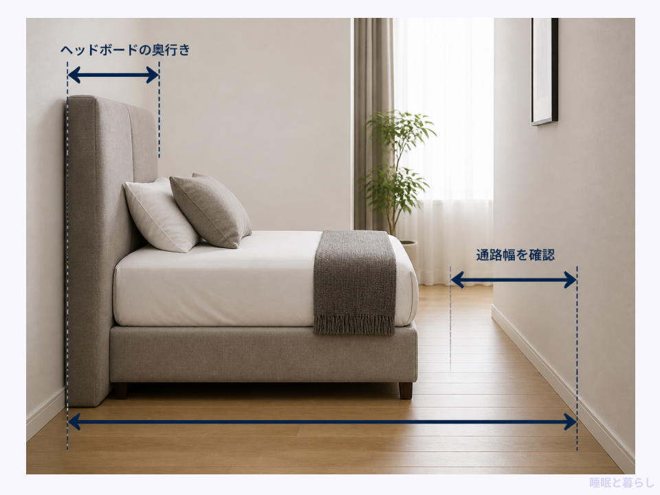 ヘッドボードの奥行きとベッド足元の通路幅を確認する図