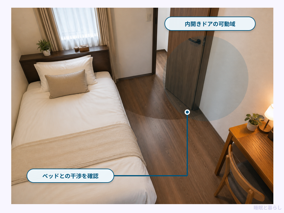 内開きドアの可動域とベッドとの干渉確認位置を線で示した図