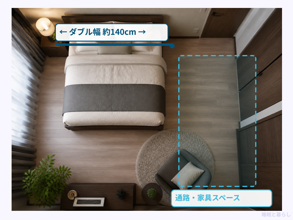 7畳にダブルベッドを置いた場合の通路と家具スペース