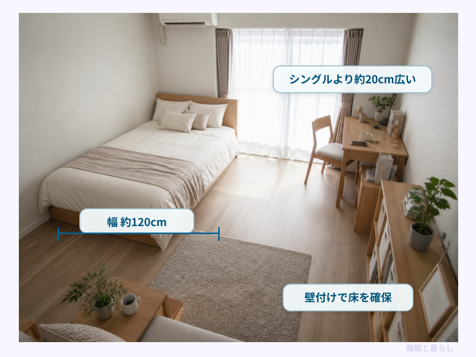 8畳にセミダブルベッドを壁付けしたレイアウトと幅約120cm