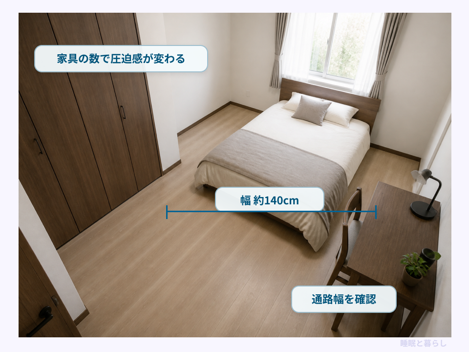8畳にダブルベッドを置いたレイアウトと幅約140cm