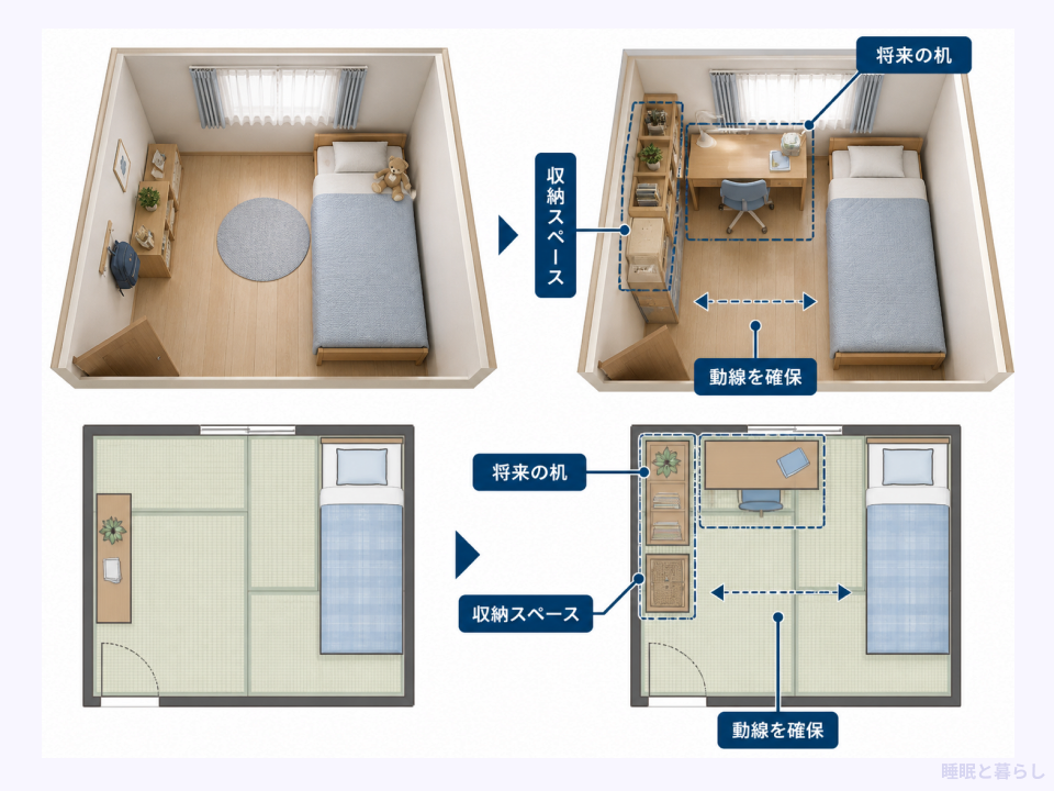 子ども部屋に将来の机と収納を置けるよう動線を確保した配置例