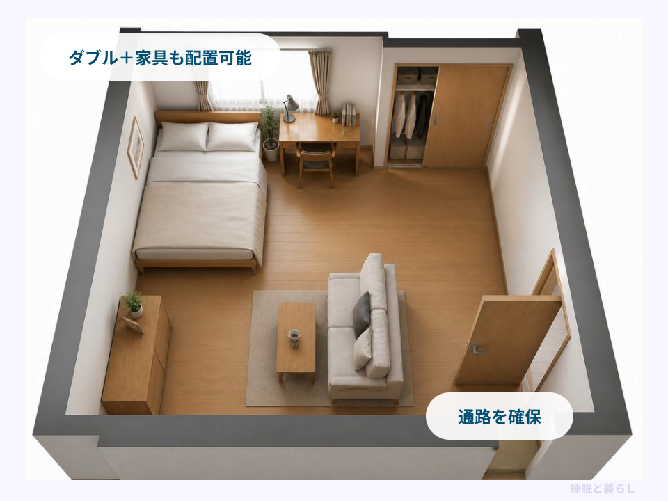 10畳の洋室にダブルベッドと家具を置き通路を確保した俯瞰イメージ