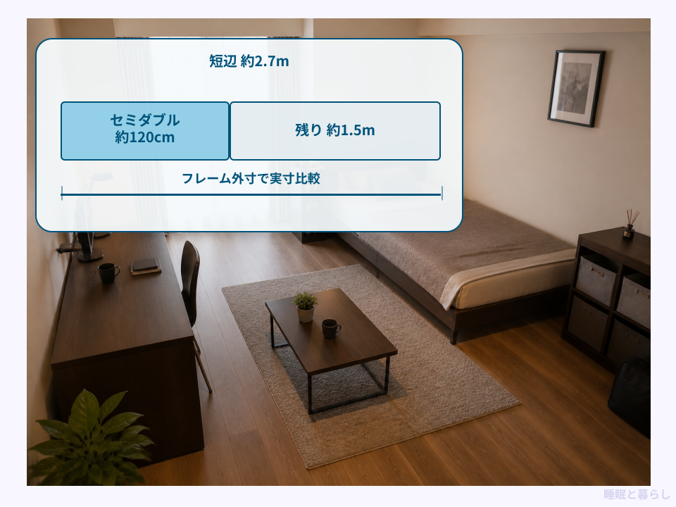 7畳にセミダブルベッドを置く際の寸法図