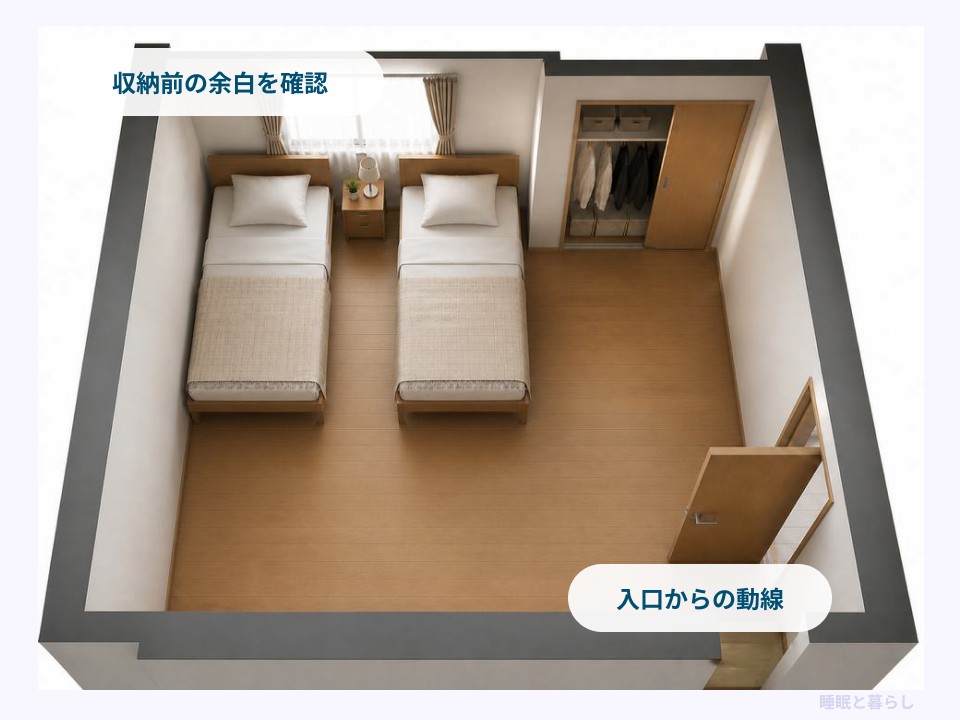 10畳の洋室にセミダブルベッド2台を置き収納前と入口の動線を確認するイメージ