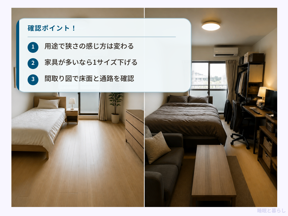 7畳の部屋で家具量に応じて床面と通路を確保する例