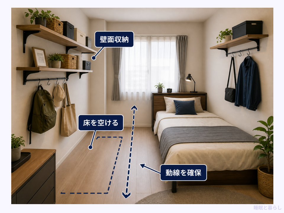 壁面収納を使い床と通路を空けた5畳の寝室例