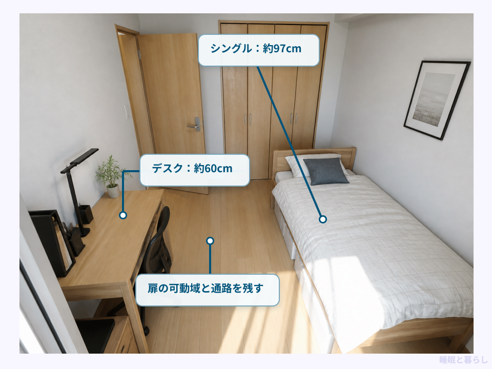 6畳にシングルベッドとデスクを置く寸法例