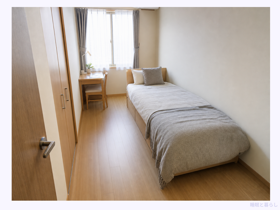 約3畳の長方形の部屋にシングルベッドとデスクを配置した例