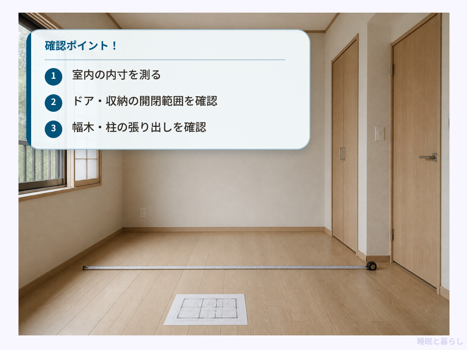 4畳の部屋で実寸を測り、ドアや収納の開閉範囲を確認するポイント