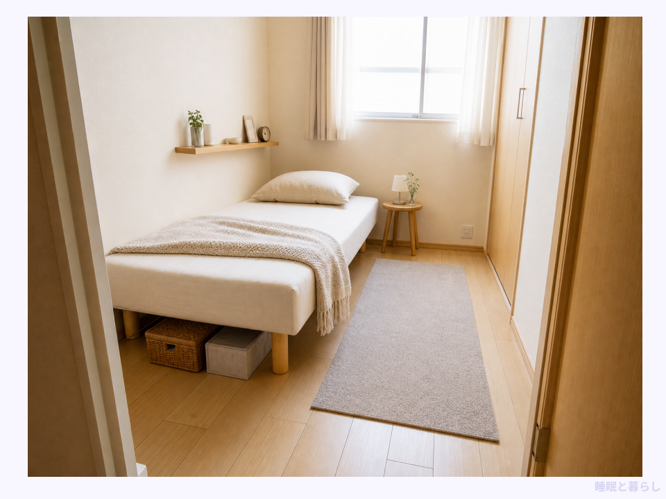 3畳の部屋に省スペースベッドを置き生活動線を確保した例