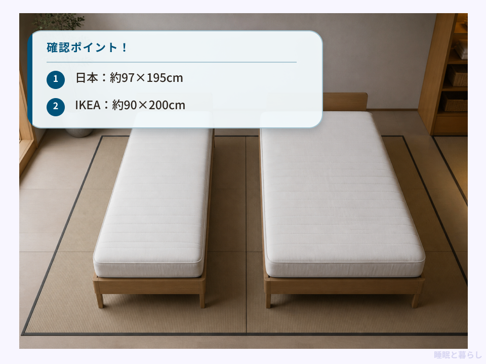 日本のシングルベッド約97×195センチとIKEA約90×200センチのサイズ比較