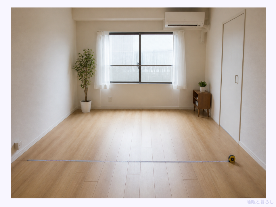 6畳の部屋の広さをメジャーで実寸確認している例
