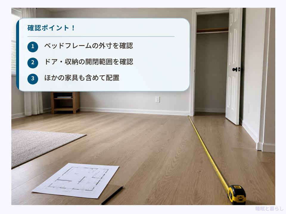 ベッド設置前に部屋の実寸とドア・収納の開閉範囲を確認する様子
