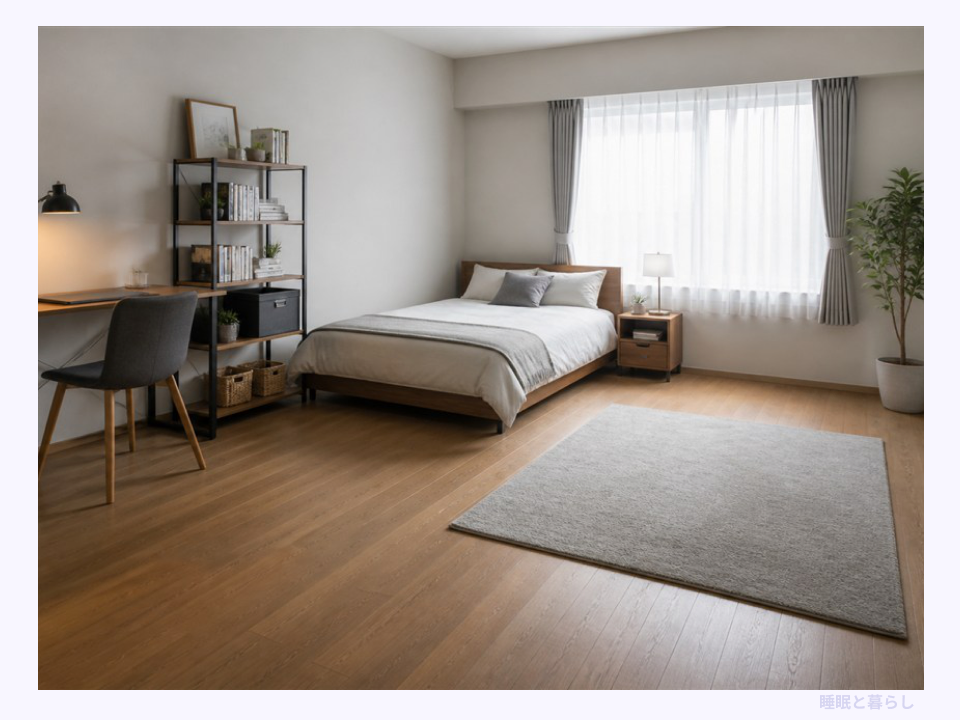 10畳の部屋でベッドと生活スペースを確保したレイアウト例