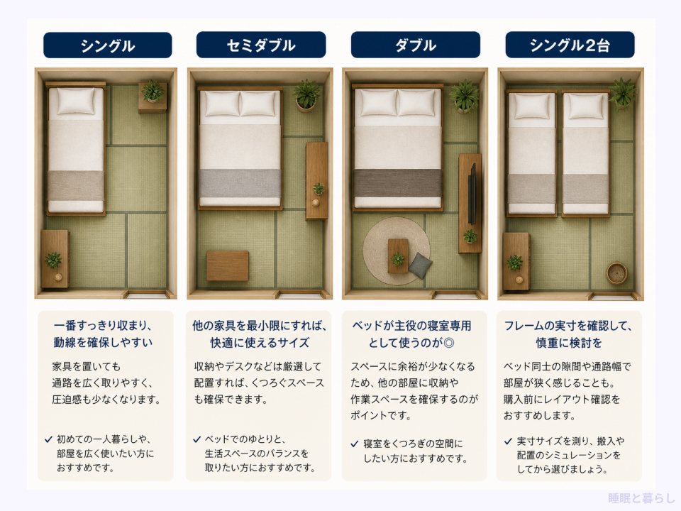 5畳に置くシングル・セミダブル・ダブル・シングル2台の配置比較