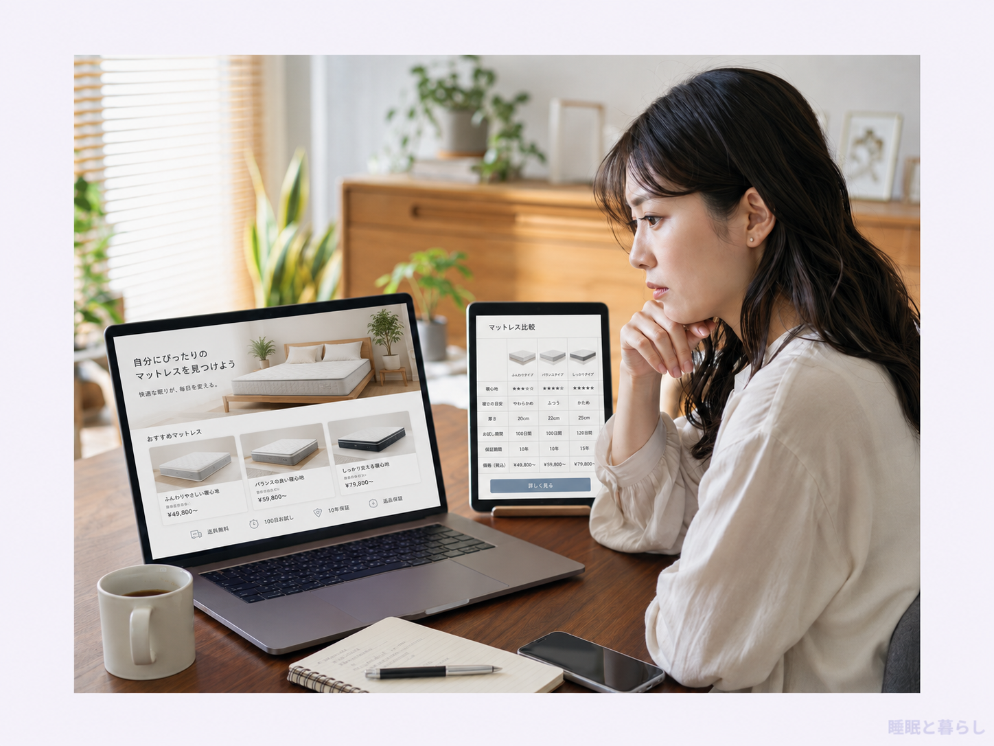 パソコンとタブレットでマットレスを比較検討する女性