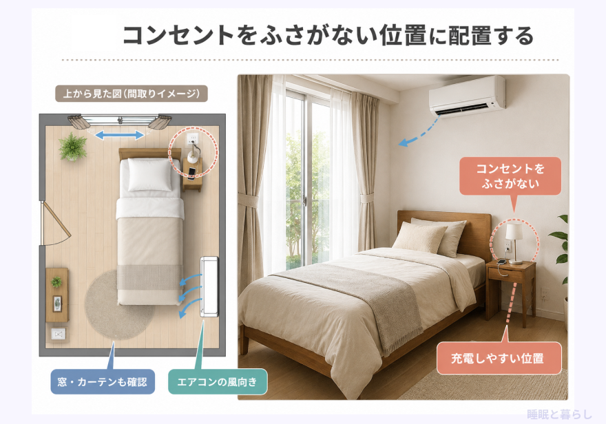 4畳の部屋にベッドを置くレイアウトのコンセントの注意点に関する詳細画像