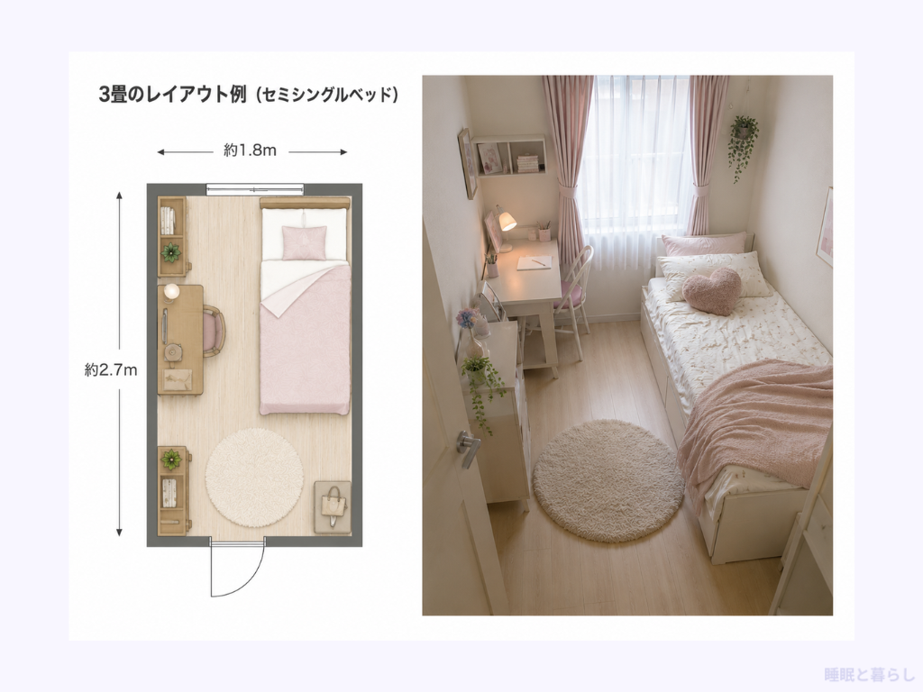 約1.8×2.7メートルの3畳にセミシングルベッドとデスクを置いた間取り図と室内