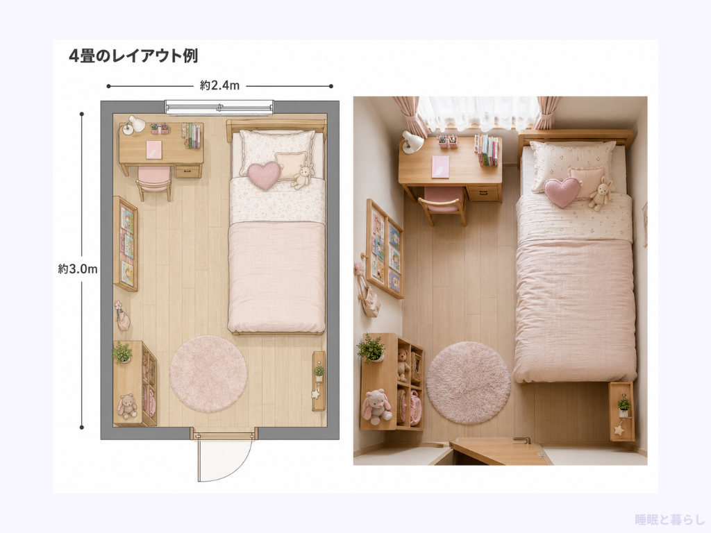 4畳の部屋にセミダブルベッドと机を置いたレイアウト例