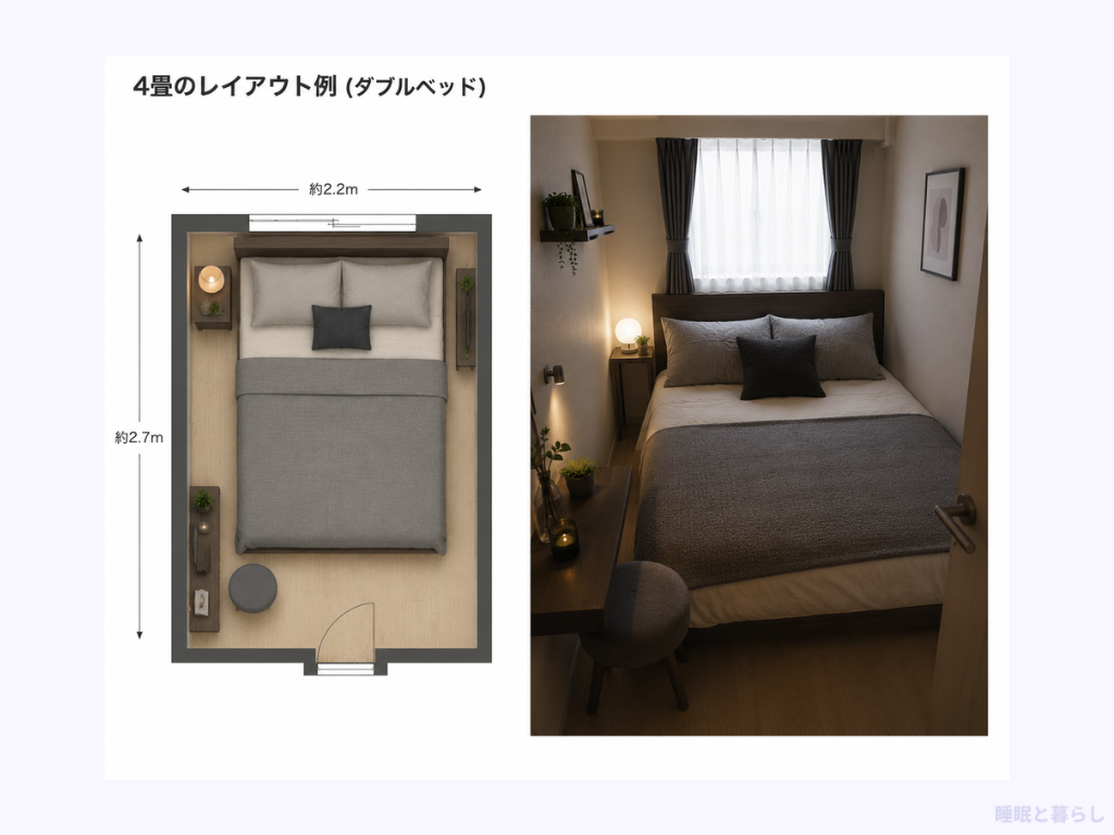 4畳の部屋にダブルベッドを置いたレイアウト例