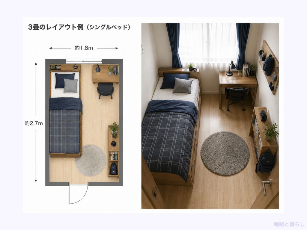約1.8×2.7メートルの3畳にシングルベッドとデスクを置いた間取り図と室内