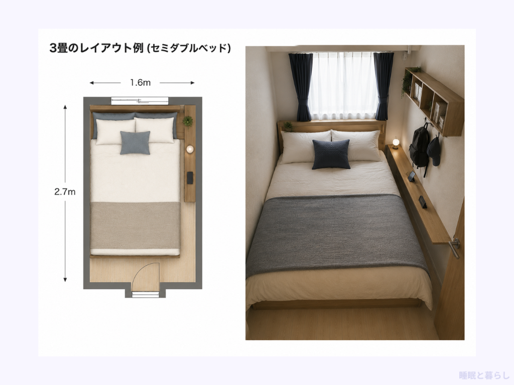 1.6×2.7メートルの3畳にセミダブルベッドを置いた間取り図と室内