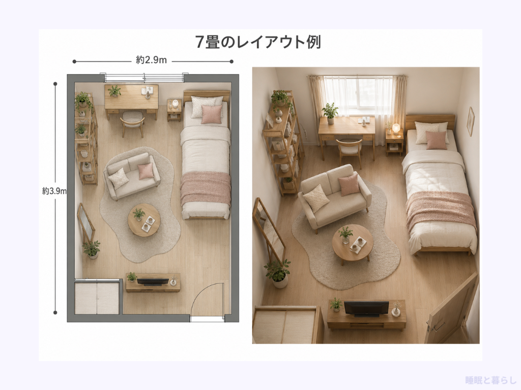 7畳にシングルベッドを置くレイアウト