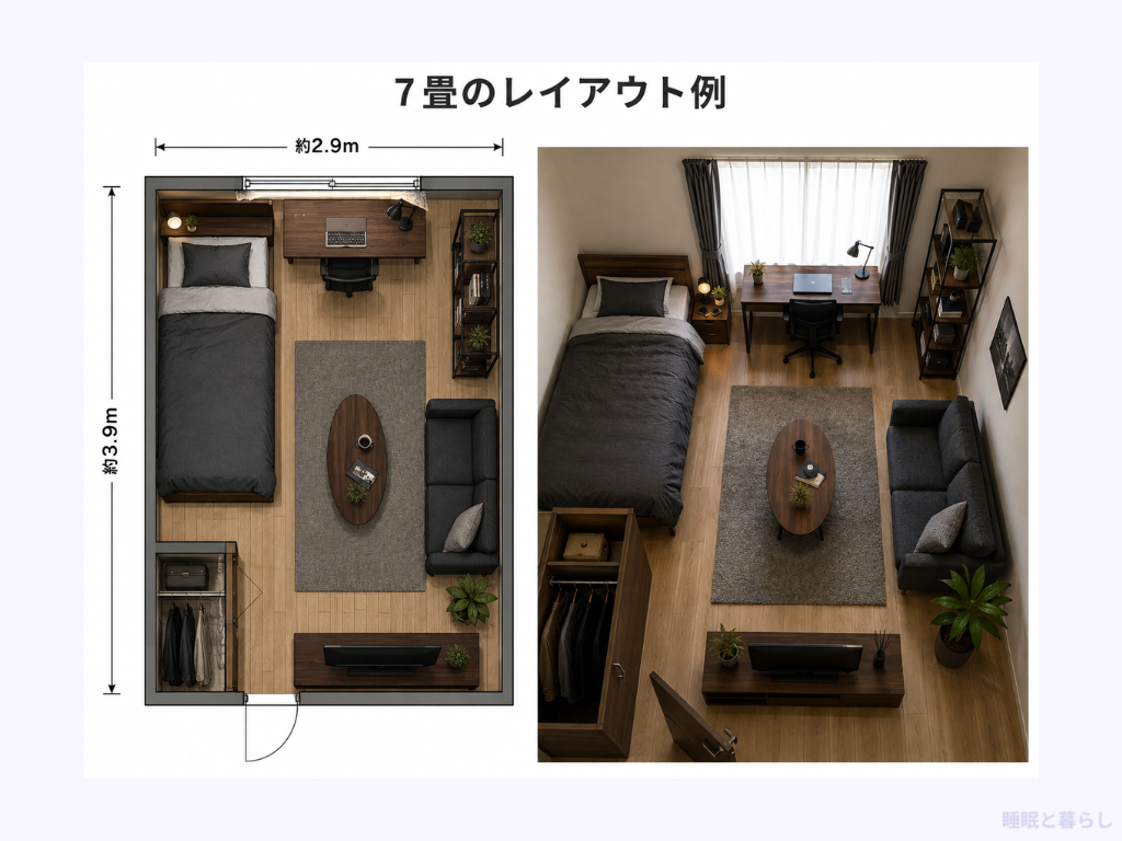 7畳にセミダブルベッドを置くレイアウト