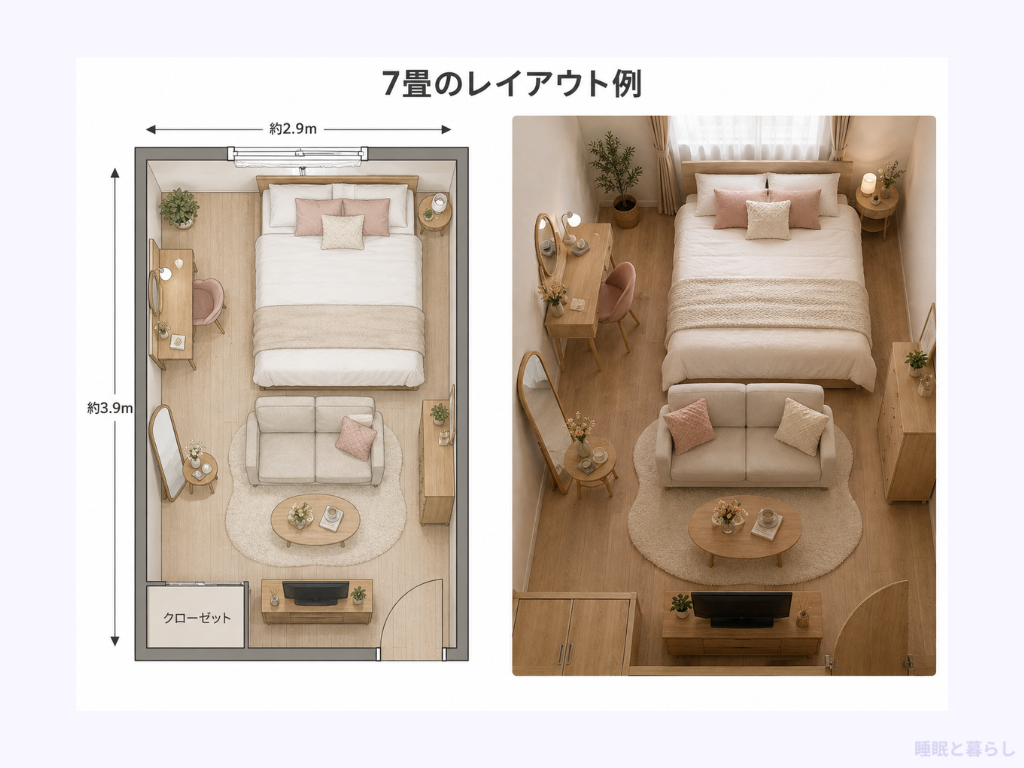 7畳にダブルベッドを置くレイアウト