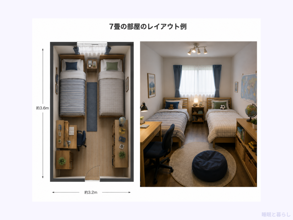 7畳にシングルベッド2台を置くレイアウト