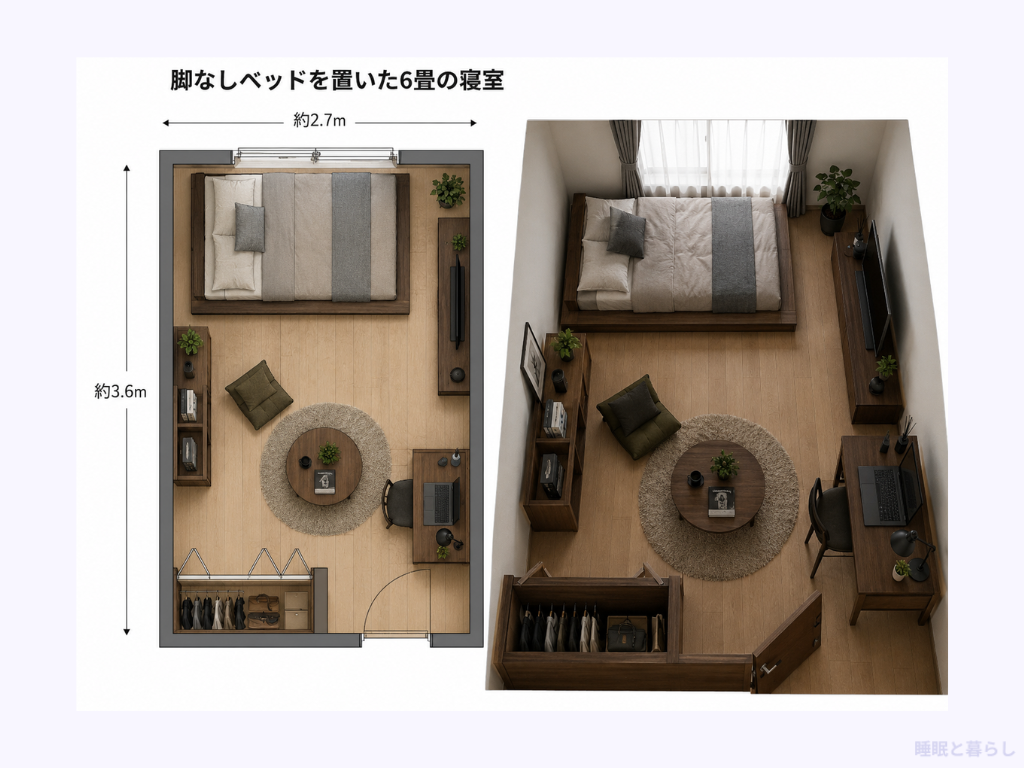脚なしベッドを置いた6畳の寝室