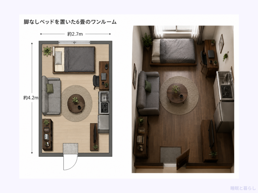 脚なしベッドを置いた6畳のワンルーム