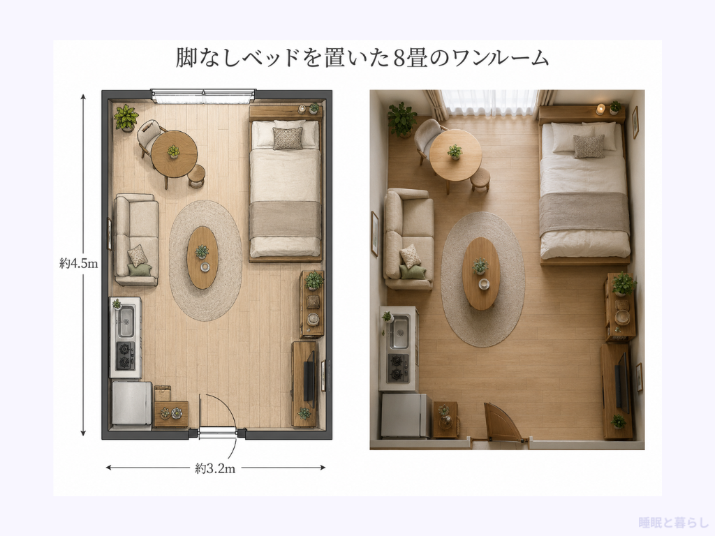 脚なしベッドを置いた8畳のワンルーム