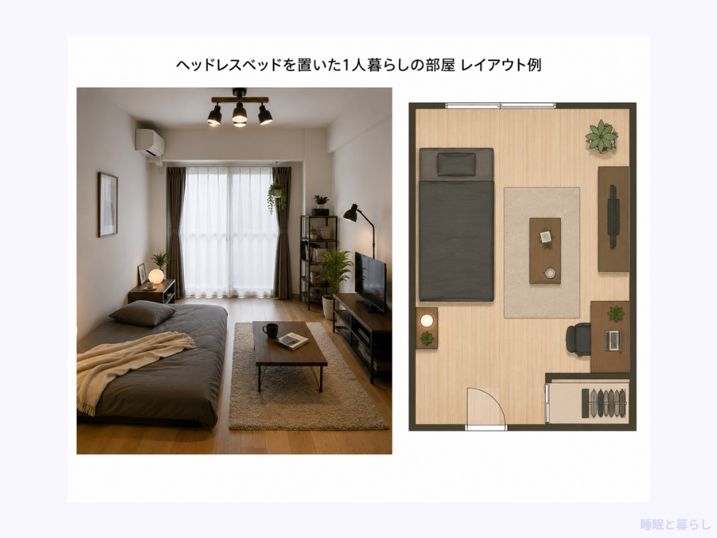 ヘッドレスベッドを置いた1人暮らしの部屋