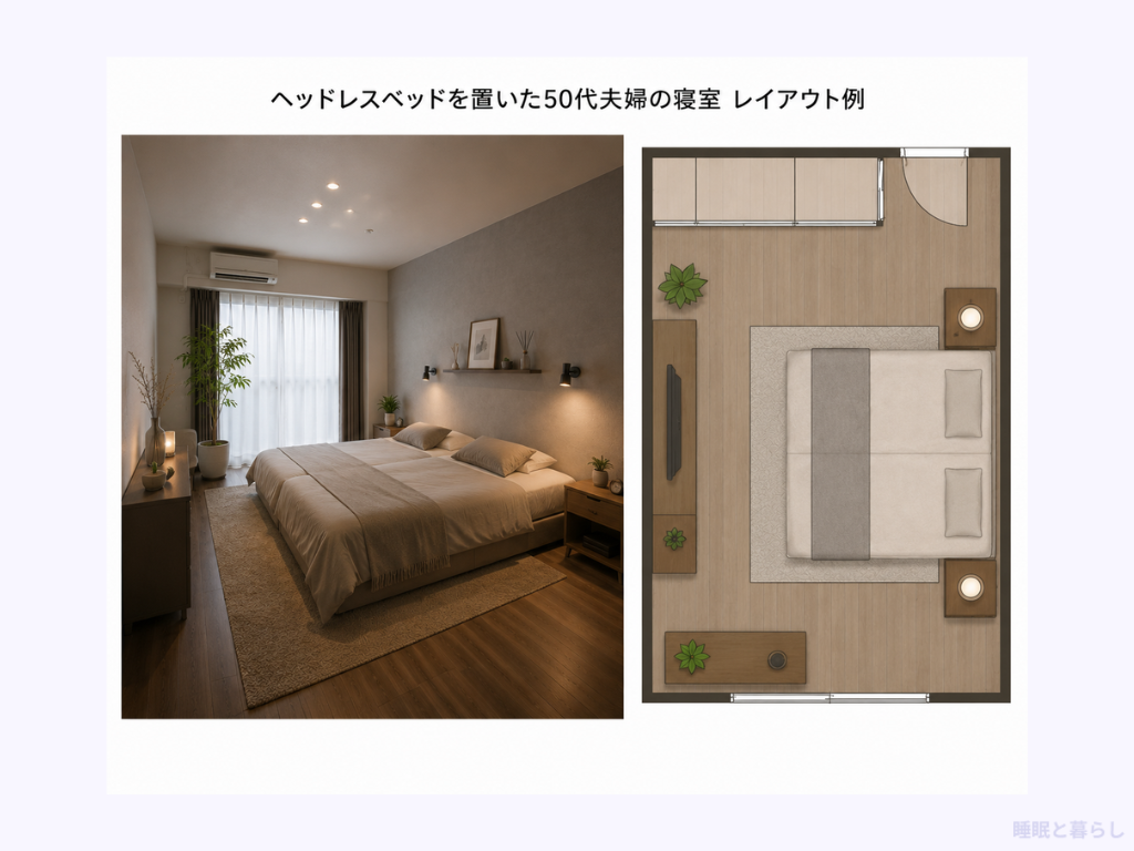 ヘッドレスベッドを置いた夫婦の寝室