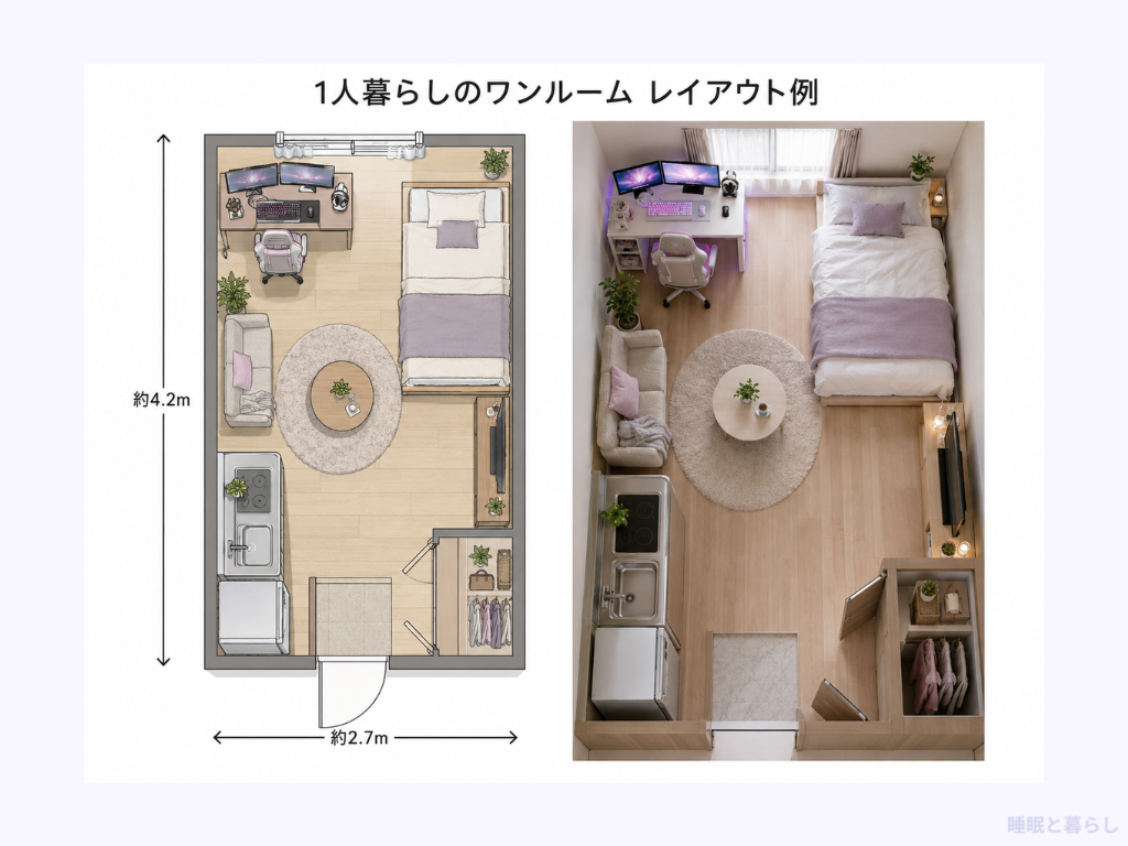 ローベッドを置いた1人暮らしのワンルーム