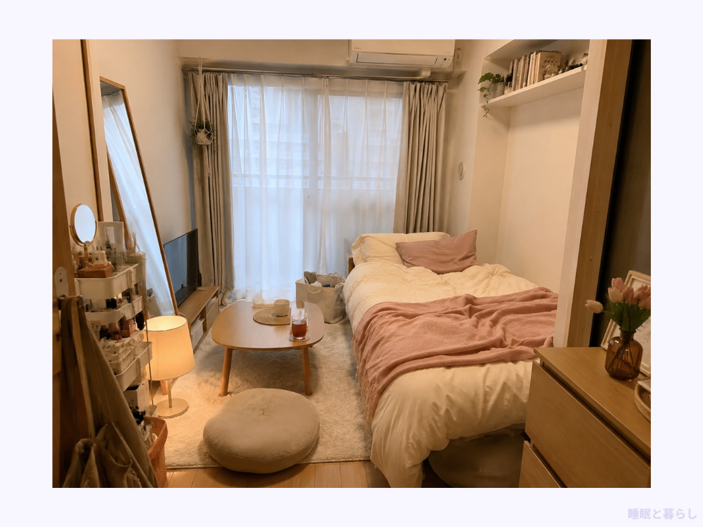 4畳の部屋にシングルベッドを置き、ローテーブルと鏡を配置した寝室の様子
