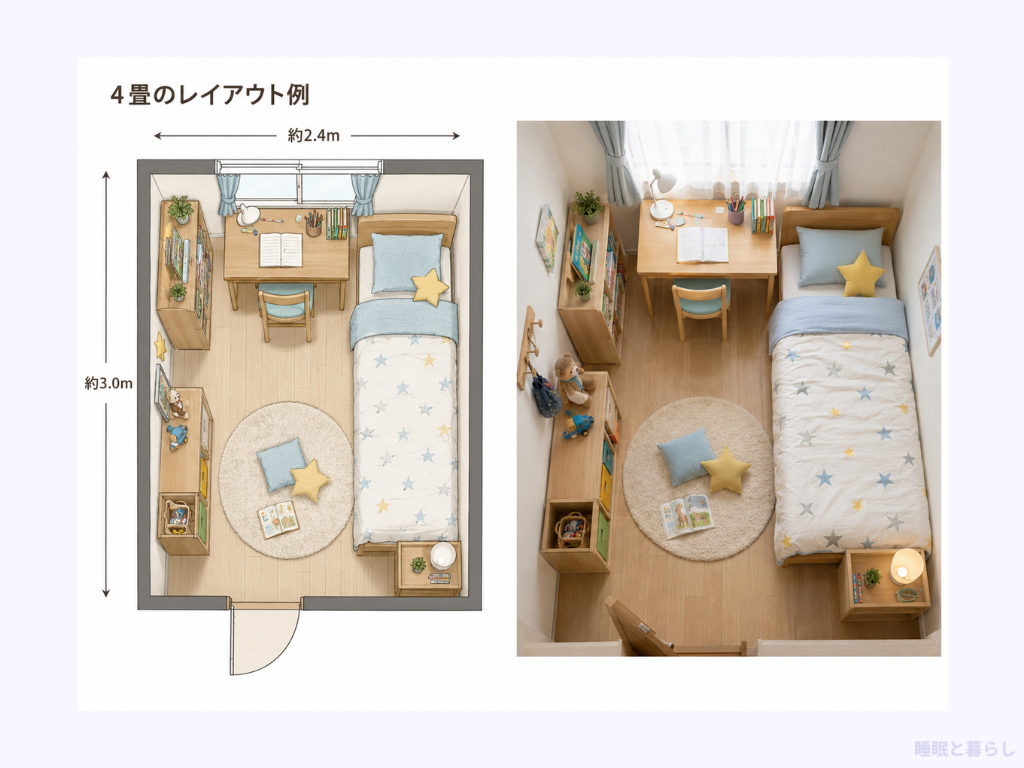 4畳の部屋にシングルベッドと机を置いたレイアウト例