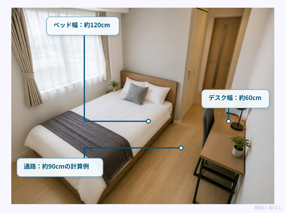 6畳にセミダブルベッドとデスクを置いた寸法例