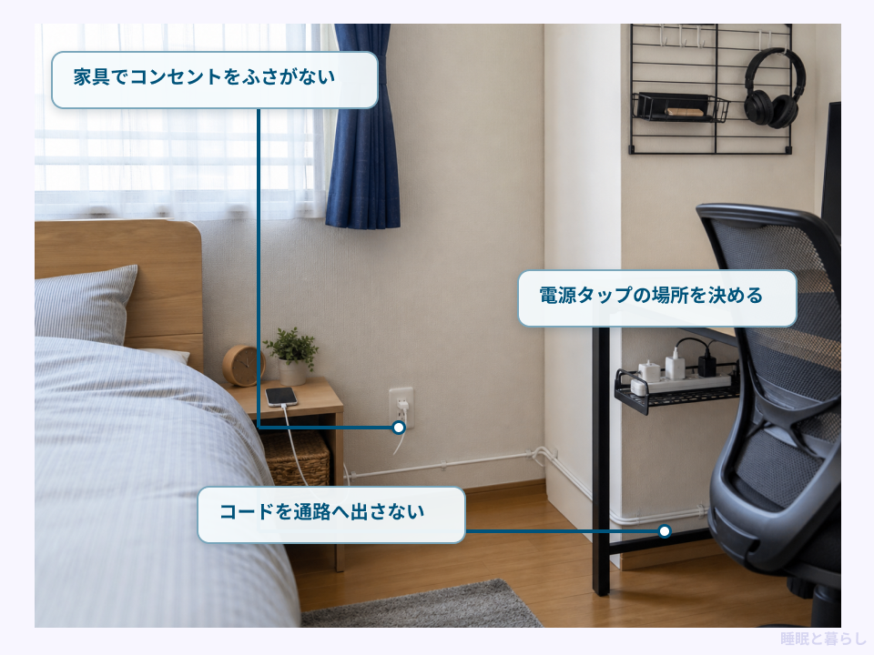 コンセントをふさがずコードを通路へ出さない配置