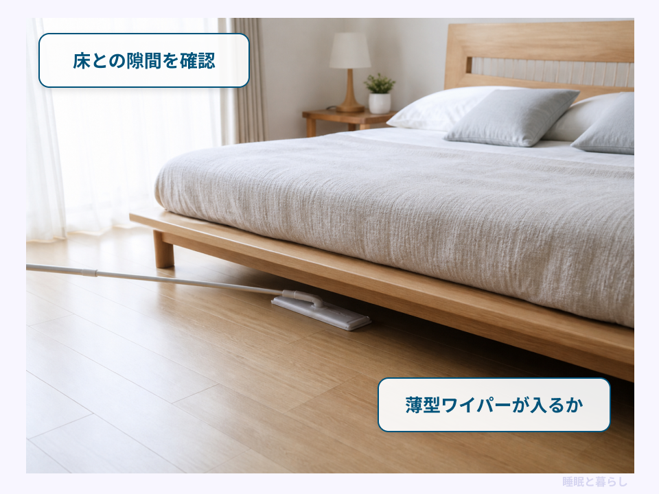 ローベッドの下へ薄型フロアワイパーを差し込んで掃除する様子