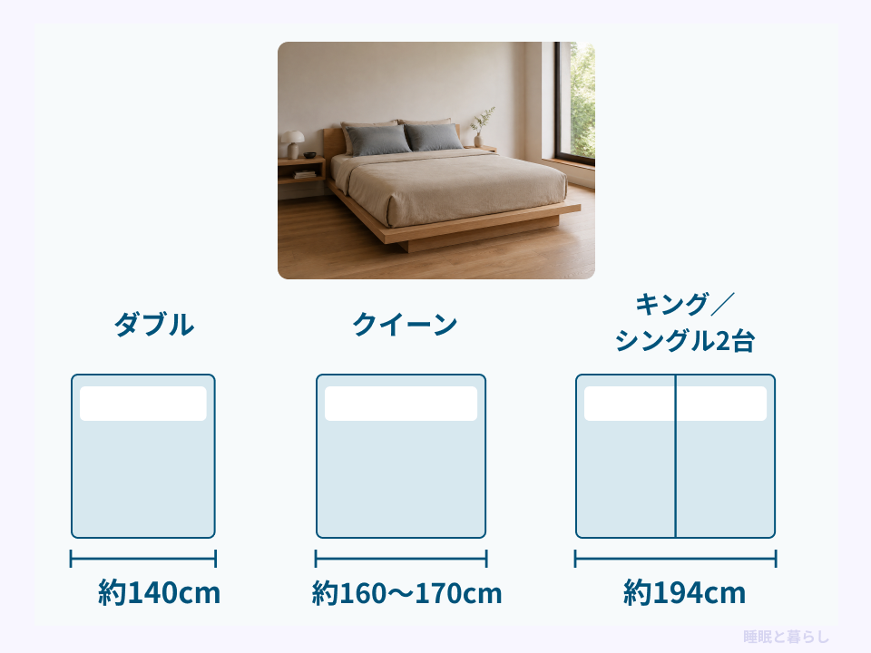 ダブル約140cm、クイーン約160〜170cm、キングまたはシングル2台約194cmの幅を比較した図
