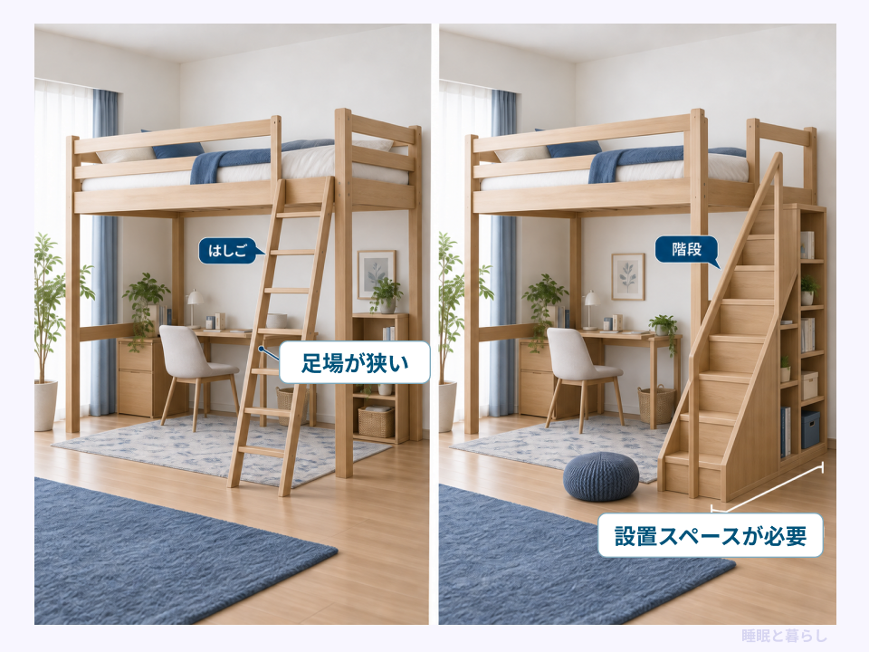 ロフトベッドのはしごの狭い足場と、階段に必要な設置スペースを比較した図