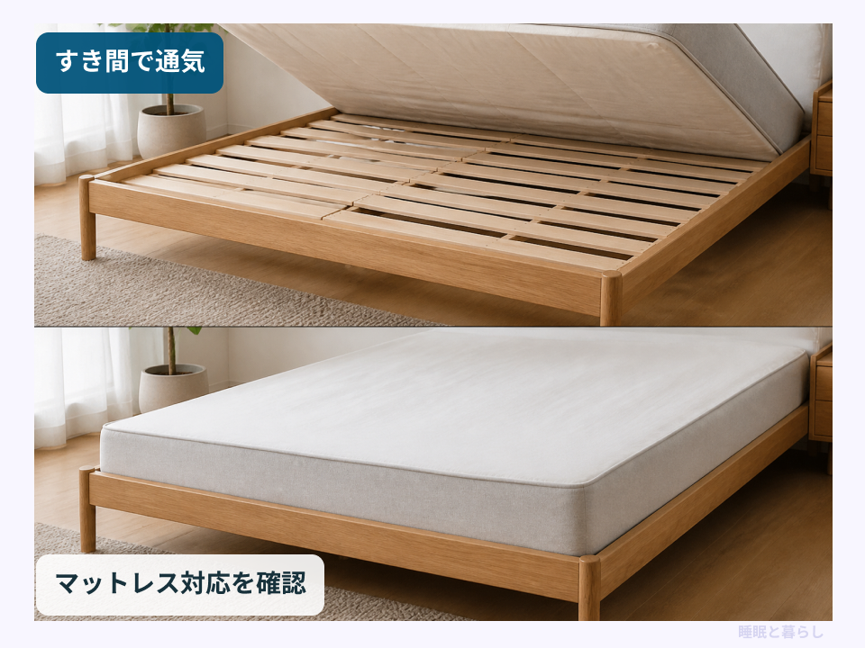 すのこベッドの床板とマットレス対応を示す比較画像