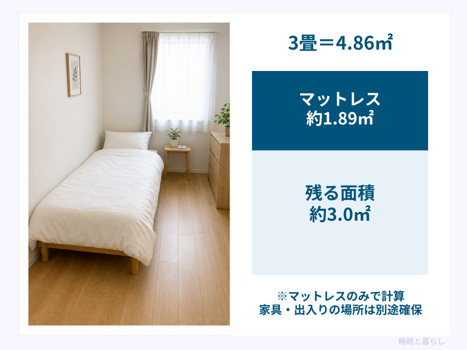 3畳の面積4.86平方メートルからシングルマットレス約1.89平方メートルを引いた面積内訳