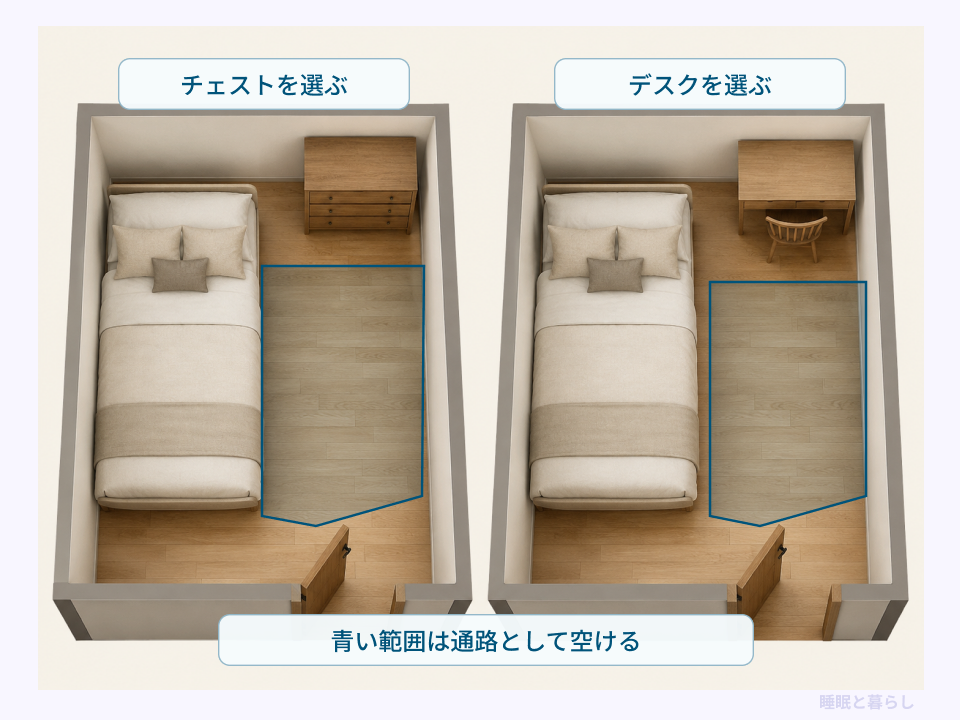 壁寄せしたベッドにチェストかデスクを組み合わせ、通路を空ける配置比較